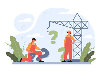 Question concept. Confused character in doubt with big question