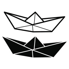 Set of vector illustrations of paper boat icons. Outline simple and silhouette craft paper boat isolated on white background. Icon symbol of travel and sea.