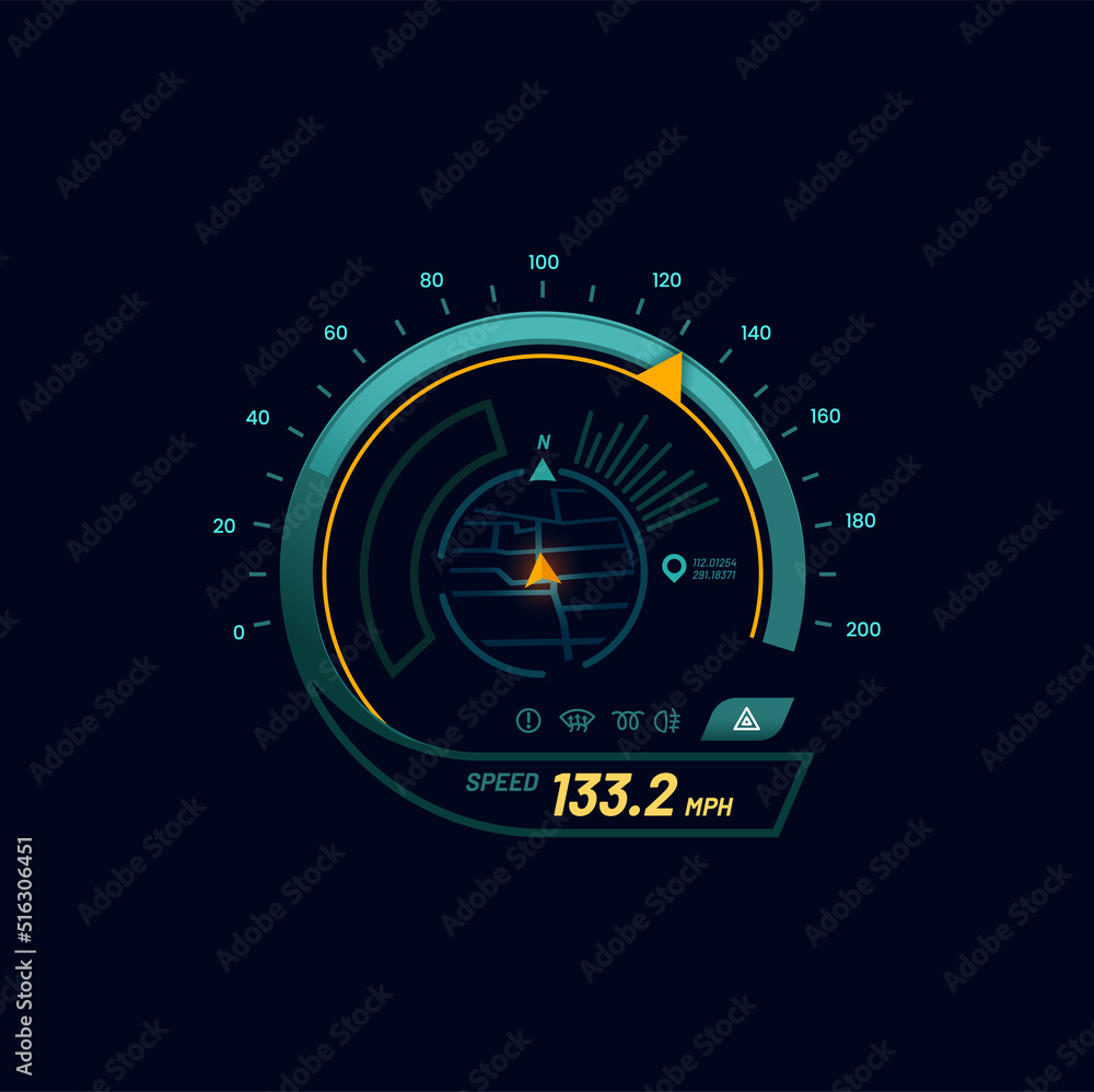 Poster Futuristic car speedometer gauge dial with navigation map. Automobile speed meter futuristic vector display with navigation route pointer. Vehicle tachometer indicator or car speedometer digital gauge