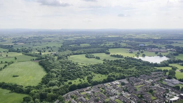 Sky view of Manchester City, plane landing at Manchester Airport, the UK 2022 
