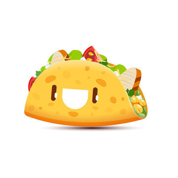 Cartoon tacos kawaii character, funny vector tex mex fast food personage. Mexican meal filled with lettuce, chicken and vegetables. Snack with happy eyes and smiling face for kids menu, takeaway dish