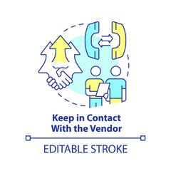Keep in contact with vendor concept icon. Purchasing process flow abstract idea thin line illustration. Good relationships. Isolated outline drawing. Editable stroke. Arial, Myriad Pro-Bold fonts used