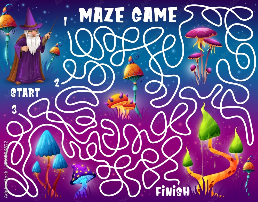 Poster labyrinth maze game, help wizard find magic mushroom, vector kids puzzle worksheet. labyrinth maze r