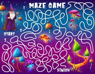 Labyrinth maze game, help wizard find magic mushroom, vector kids puzzle worksheet. Labyrinth maze riddle to find way for sorcerer warlock to alien mushrooms in magic witch forest