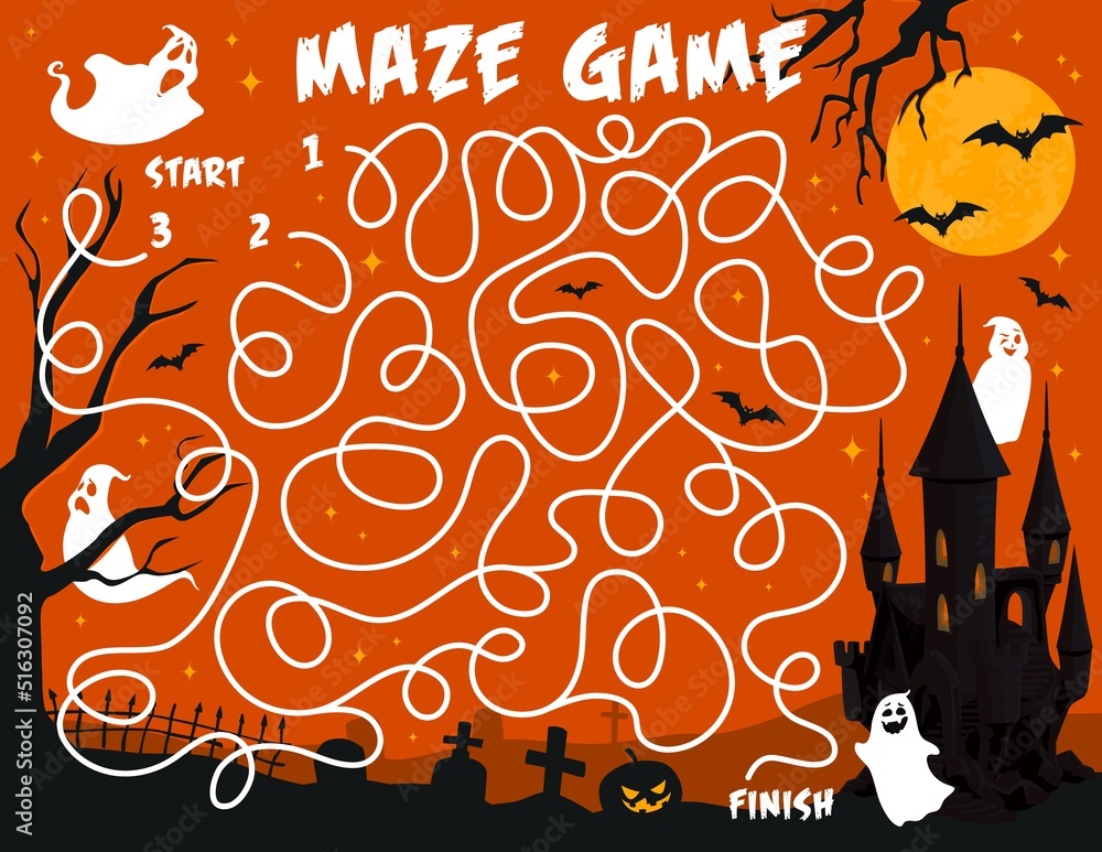 Poster labyrinth maze game, halloween ghosts on cemetery, kids puzzle or vector worksheet. labyrinth riddle