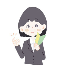 リクルートスーツを着た女の子（新入社員・会社員）が初心者でも『OK』という表情をしているイラスト