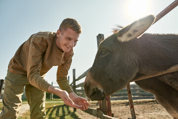 Smiling caucasian teenage guy feed donkey on farm