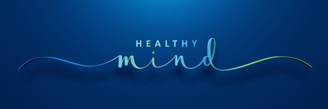 3D render of HEALTHY MIND brush calligraphy banner on dark blue background