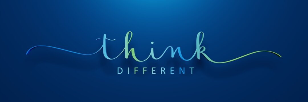 3D render of colorful THINK DIFFERENT brush calligraphy banner on dark blue background