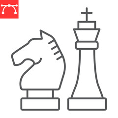 Chess line icon, king and knight, chess horse vector icon, vector graphics, editable stroke outline sign, eps 10.