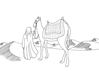 Man leads a camel through the desert graphic black white landscape sketch illustration vector