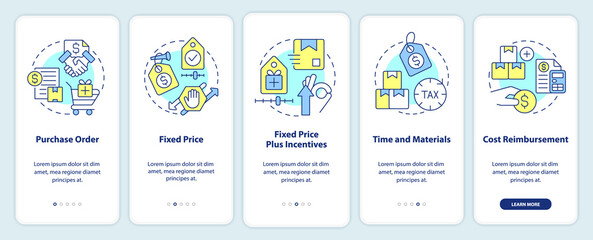 Types of contracts onboarding mobile app screen. Purchase order walkthrough 5 steps editable graphic instructions with linear concepts. UI, UX, GUI template. Myriad Pro-Bold, Regular fonts used