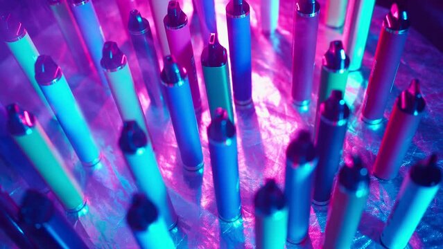 Lots of E-Cigarettes and Vapes with Smoke in Neon Lighting. Concept of Bad Habits. Modern Smoking Electronic Cigarettes.