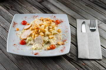 Chicken salad. Chicken Caesar Salad. Caesar Salad with grilled chicken and croutons.