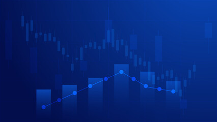 economy situation concept. Financial business statistics with bar graph and candlestick chart show stock market price and currency exchange on blue background