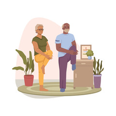 Fototapeta premium Grandmother and grandfather do sports at home. Senior male and female characters doing exercises at home in living room, training pensioners. Aged people stretching. Vector illustration, flat cartoon