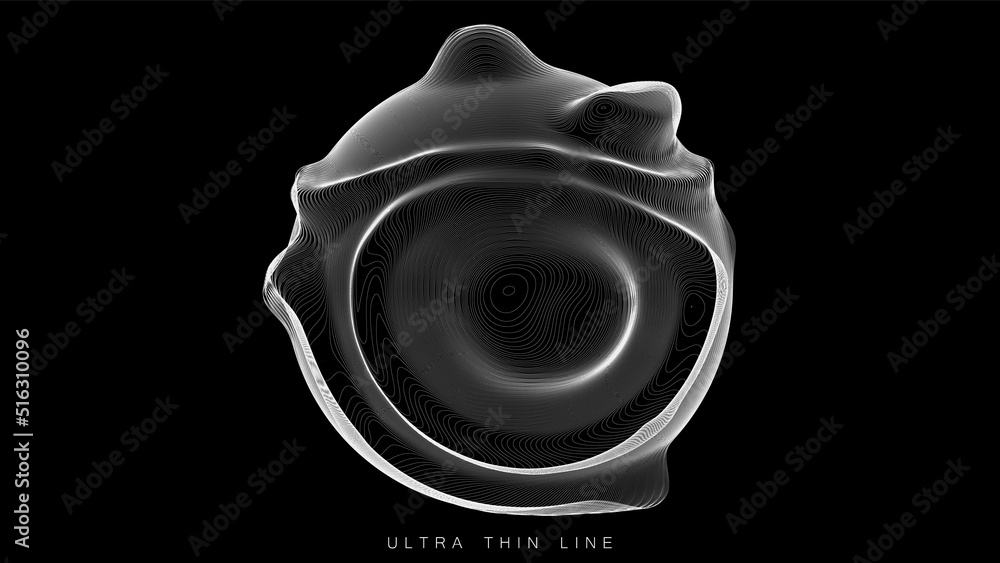 Poster ultra thin line fluid geometry. dynamic vector distorted spheres.