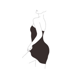 Abstract female body. Modern linear woman figure. Elegant girl in black dress. Vector outline illustration in minimalistic style. Design for logo, print, card, poster.