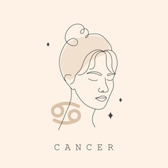 Cancer zodiac sign. One line drawing. Astrological icon with abstract woman face. Mystery and esoteric outline logo. Horoscope symbol. Linear vector illustration in minimalist style.