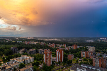 Aerial summer storm cloudy view of Vilnius (Baltupiai, Jeruzale and Fabijoniskes districts), Lithuania