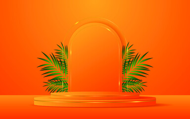 Orange podium has orange curved shapes and gold lines and has a leaf on the back for product presentation. Cosmetic product display. vector illustration
