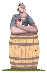 Ivrogne appuyé sur un tonneau avec un verre à la main