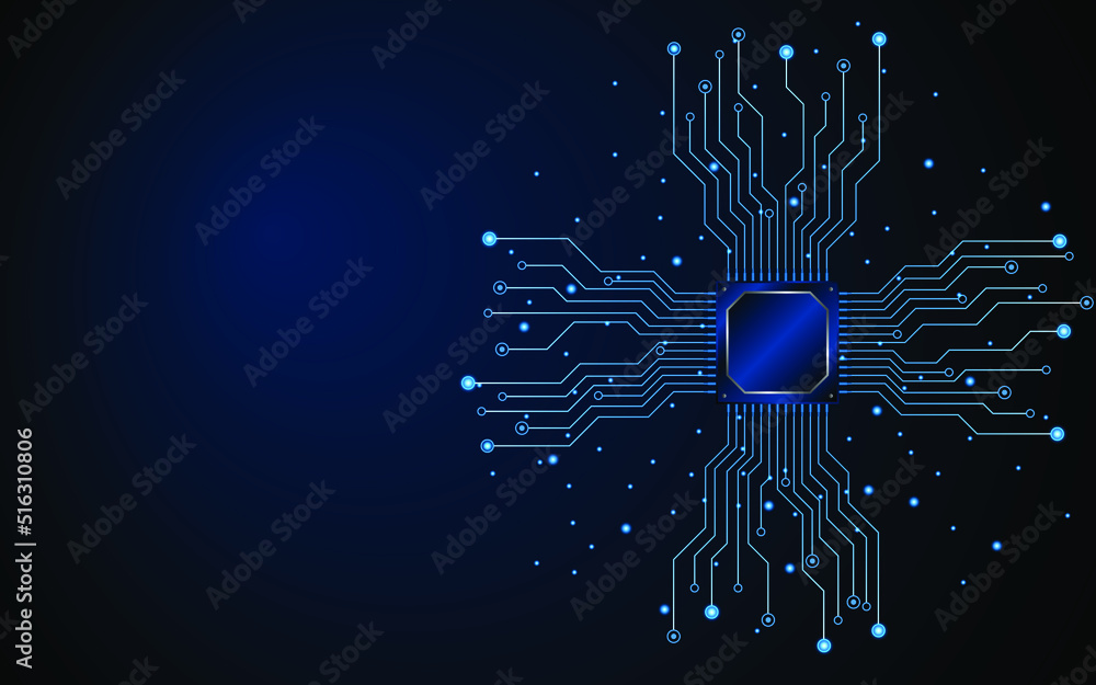 Poster microchip processor circuit board technology on dark blue background. information processing concept