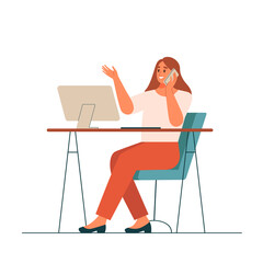 Smiling woman talking on mobile phone in office. Flat vector illustration.