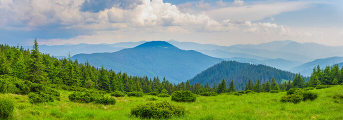 Fototapeta na wymiar Colorful natural summer landscape in the Carpathian mountains. Landscape of summer mountains for wallpaper. Carpathian, Ukraine. Beauty world. Panorama of mountains.