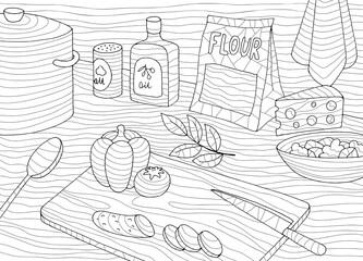 Cooking coloring food graphic black white sketch illustration vector