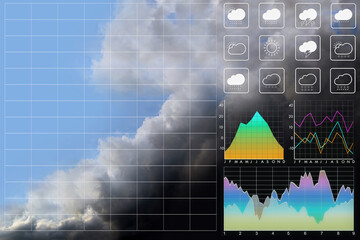 Dramatic atmosphere panorama background view of summer monsoon tropical  storm clouds over white clouds on beautiful blue sky with graph and chart for meteorology background.