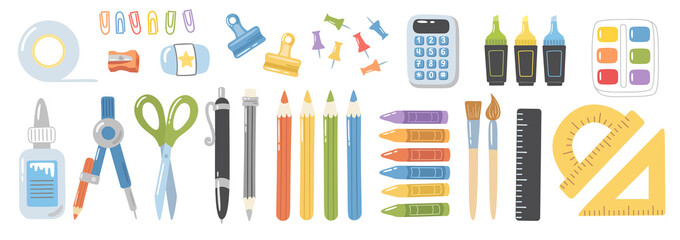Set of vector school clipart. Hand-drawn cartoon illustrations on a white background. Pretty stationery collection. Lots of different items such as textbooks, pencils, paperclips etc
