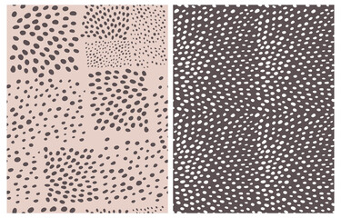 Abstract Hand Drawn Infantile Style Vector Patterns. Simple Black and White Spots on Beige and Black Background. Modern Geometric Seamless Pattern. Irregular Freehand Print ideal for Fabric, Textile.