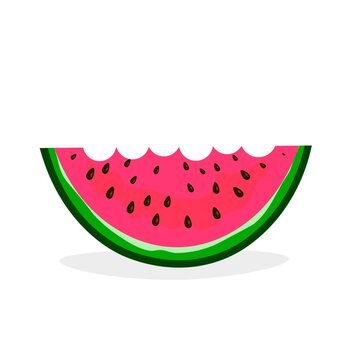 A bitten piece of watermelon. A red, ripe half of a slice of watermelon.
Sweet tasty, summer, juicy food.Vector icon in cartoon style.