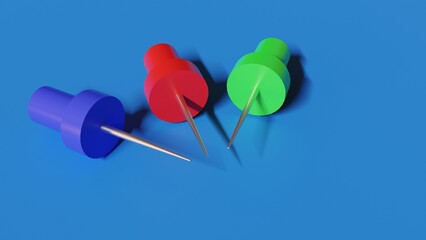 Three thumbtacks on blue background composition. 3d illustration.