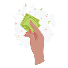 Hands with money Counting, giving, giving, receiving, squeezing and showing money. Payment for goods. Charity. Banking operations with cash. Vector illustration.