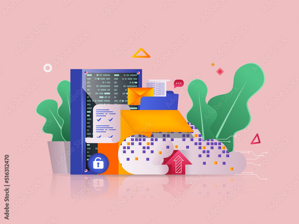 Poster cloud storage concept 3d illustration. icon composition with uploading and transferring files, serve