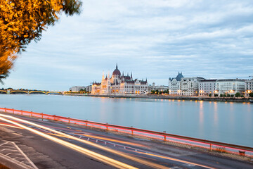 hungary  Budapest  twilight at Danube River with lit up Hungarian Parliament building