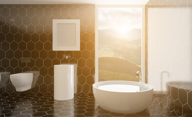 Clean and fresh bathroom with natural light. 3D rendering.. Sunset.