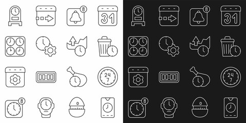 Set line Alarm clock app mobile, Clock 24 hours, Waste of time, Time management, zone clocks, Antique and Stocks market growth graphs icon. Vector