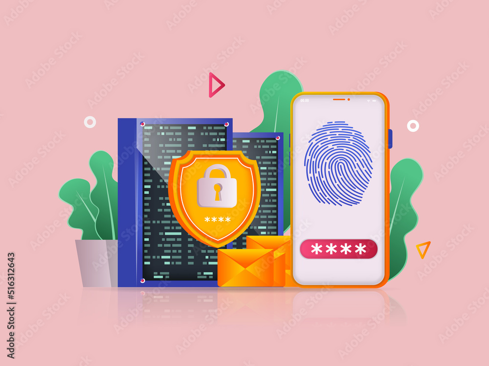 Poster cyber security concept 3d illustration. icon composition with smartphone with fingerprint scanning a