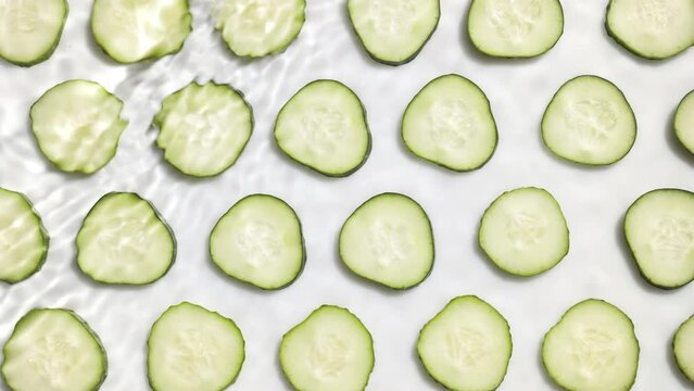 Medium shot of single wave making ripples on water surface over cucumber slices arranged in rows on white background | beauty background, face lotion commercial