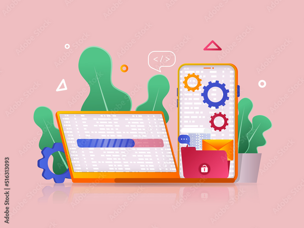 Leinwandbilder Programming software concept 3D illustration. Icon composition with coding and testing code on laptop or smartphone screens, creating and optimizing software. Vector illustration for modern web design