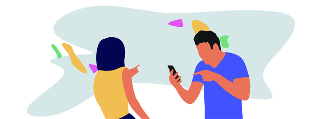 Male and female cartoon characters in the phone found what they were looking for and show a smartphone with their hands. Young romantic couple in smartphones. Flat colorful vector illustration