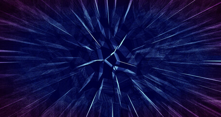 Abstract blue and purple grunge motion composition. Crystal structure and grainy texture. Modern illustration. Dark futuristic dynamic background