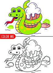 coloring book with funny snake cartoon hand drawn doodle illustration