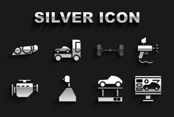 Set Gear shifter, Paint spray gun, Diagnostics condition of car, Repair lift, Check engine, Chassis, Car headlight and transporter truck icon. Vector