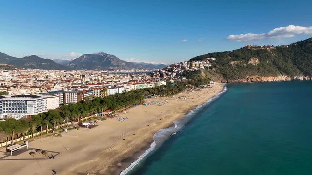 Golden beach and sea waves aerial view 4 K