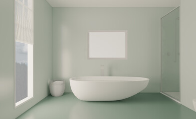 Plakat Spacious bathroom in gray tones with heated floors, freestanding tub. 3D rendering.