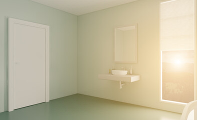 Fototapeta na wymiar Sunset.. Modern bathroom including bath and sink. 3D rendering.
